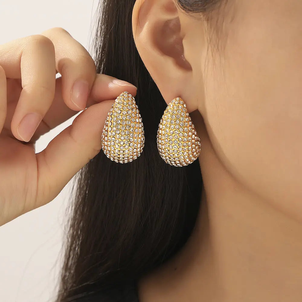 Lovcia Czech Diamond Pave Gold Water Drop Statement Earrings for Women-Earrings-Gold-Gold