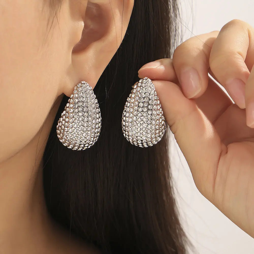 Lovcia Czech Diamond Pave Gold Water Drop Statement Earrings for Women-Earrings-Silver-Silver