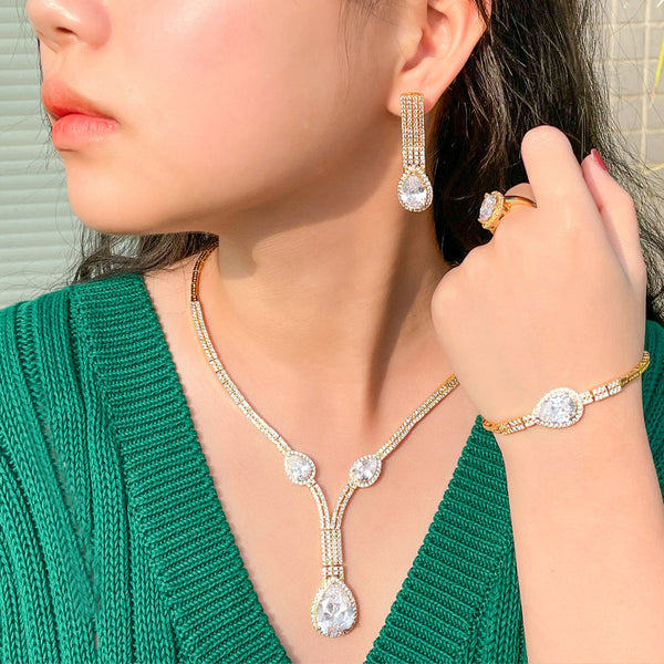Lovcia Dazzling Oval-Cut Zirconia Crystal Four Piece Jewellery Set for Women-Earrings-Four piece set-Four piece set
