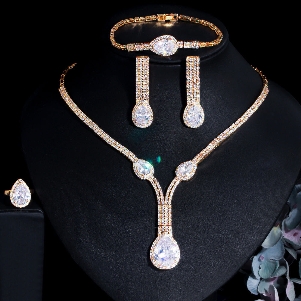 Lovcia Dazzling Oval-Cut Zirconia Crystal Four Piece Jewellery Set for Women-Earrings-Four piece set-Four piece set