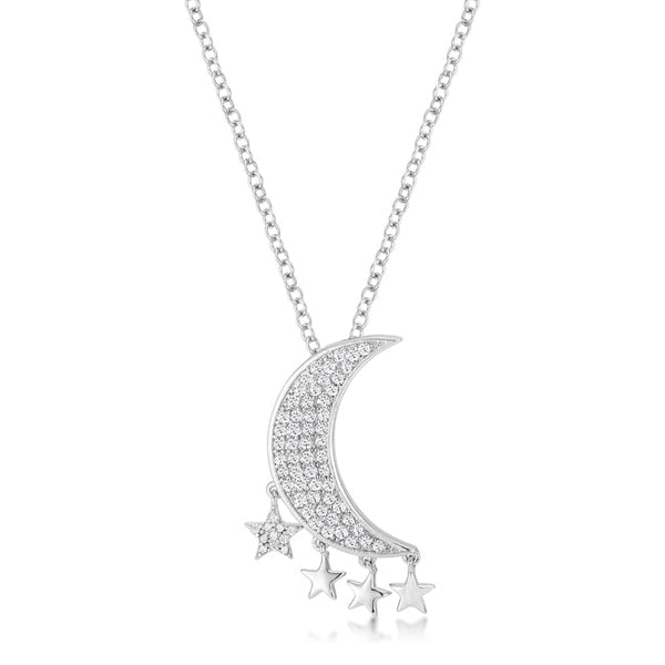 Lovcia Dazzling Rhodium-Plated Moon & Stars Necklace with Sparkling CZ Accents-Necklaces-