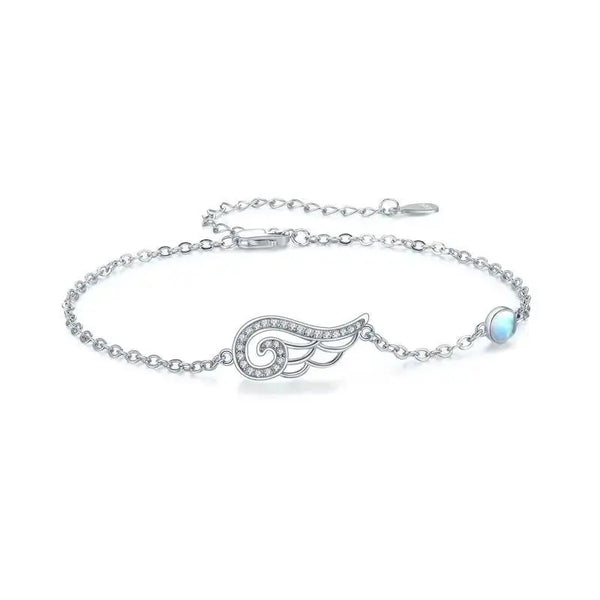Lovcia Divine Angel Wing Bracelet for Women - Sterling Silver, Cubic Zirconia Moonstone, Adjustable Chain - A Heavenly Gift-Bracelets-Silver-0.71inch-Silver