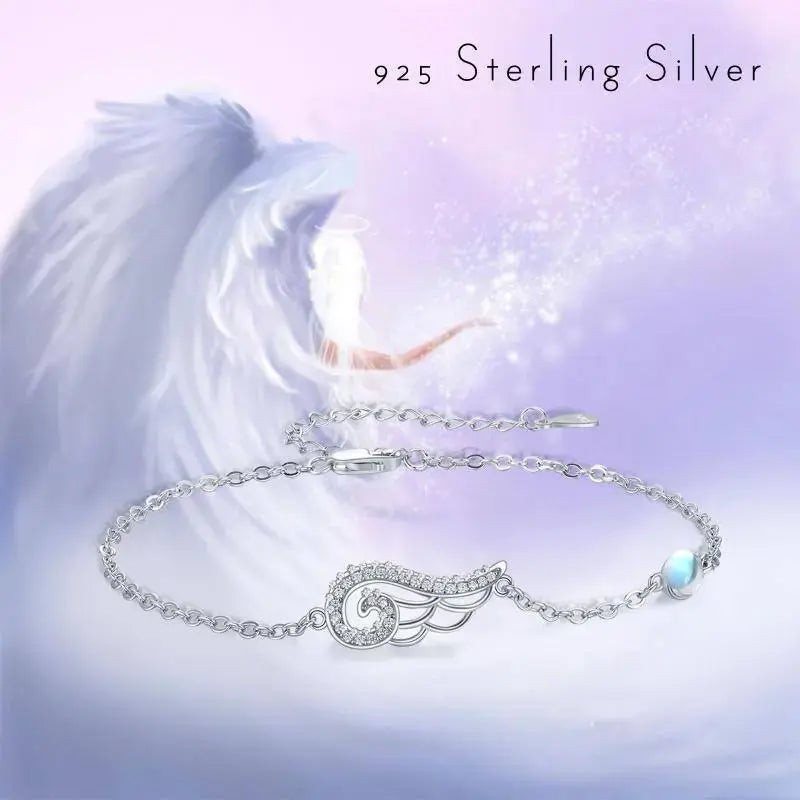 Lovcia Divine Angel Wing Bracelet for Women - Sterling Silver, Cubic Zirconia Moonstone, Adjustable Chain - A Heavenly Gift-Bracelets-Silver-0.71inch-Silver