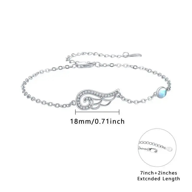 Lovcia Divine Angel Wing Bracelet for Women - Sterling Silver, Cubic Zirconia Moonstone, Adjustable Chain - A Heavenly Gift-Bracelets-Silver-0.71inch-Silver