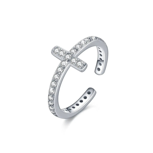 Lovcia Divine Brilliance Zirconia-Crusted Cross 925 Sterling Silver Ring-Rings-White-White