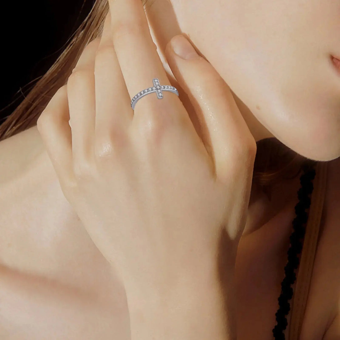 Lovcia Divine Brilliance Zirconia-Crusted Cross 925 Sterling Silver Ring-Rings-White-White