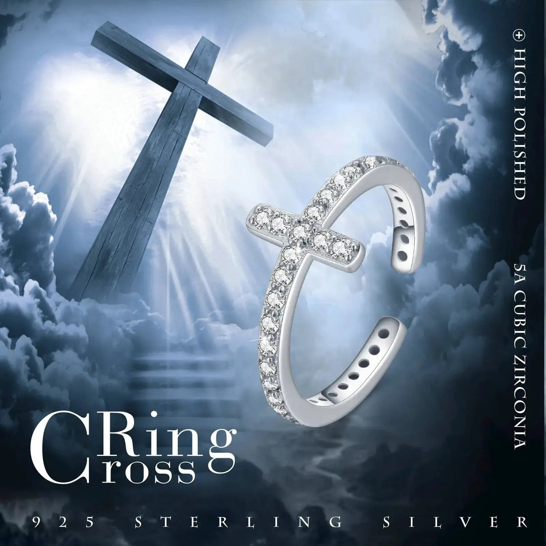 Lovcia Divine Brilliance Zirconia-Crusted Cross 925 Sterling Silver Ring-Rings-White-White