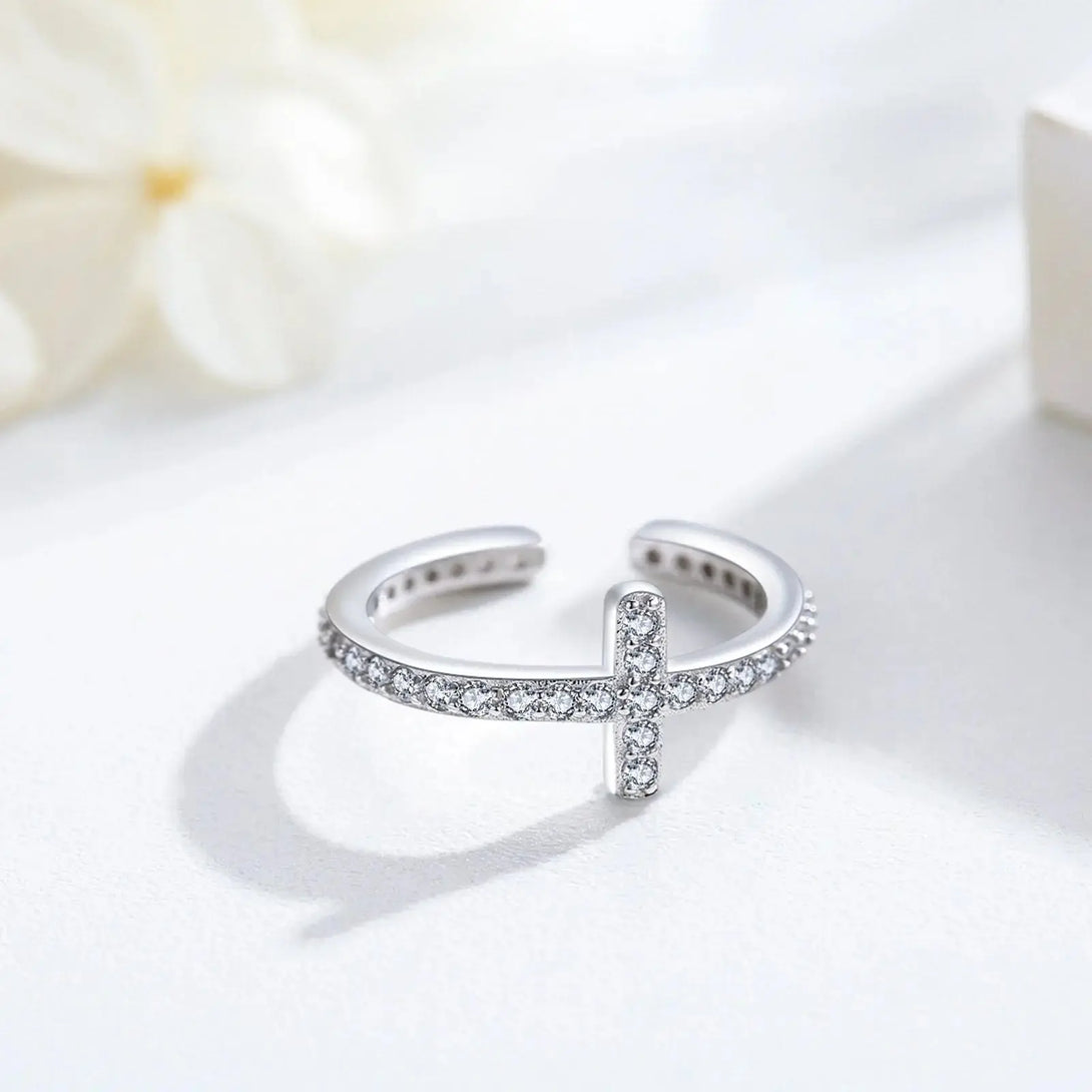 Lovcia Divine Brilliance Zirconia-Crusted Cross 925 Sterling Silver Ring-Rings-White-White