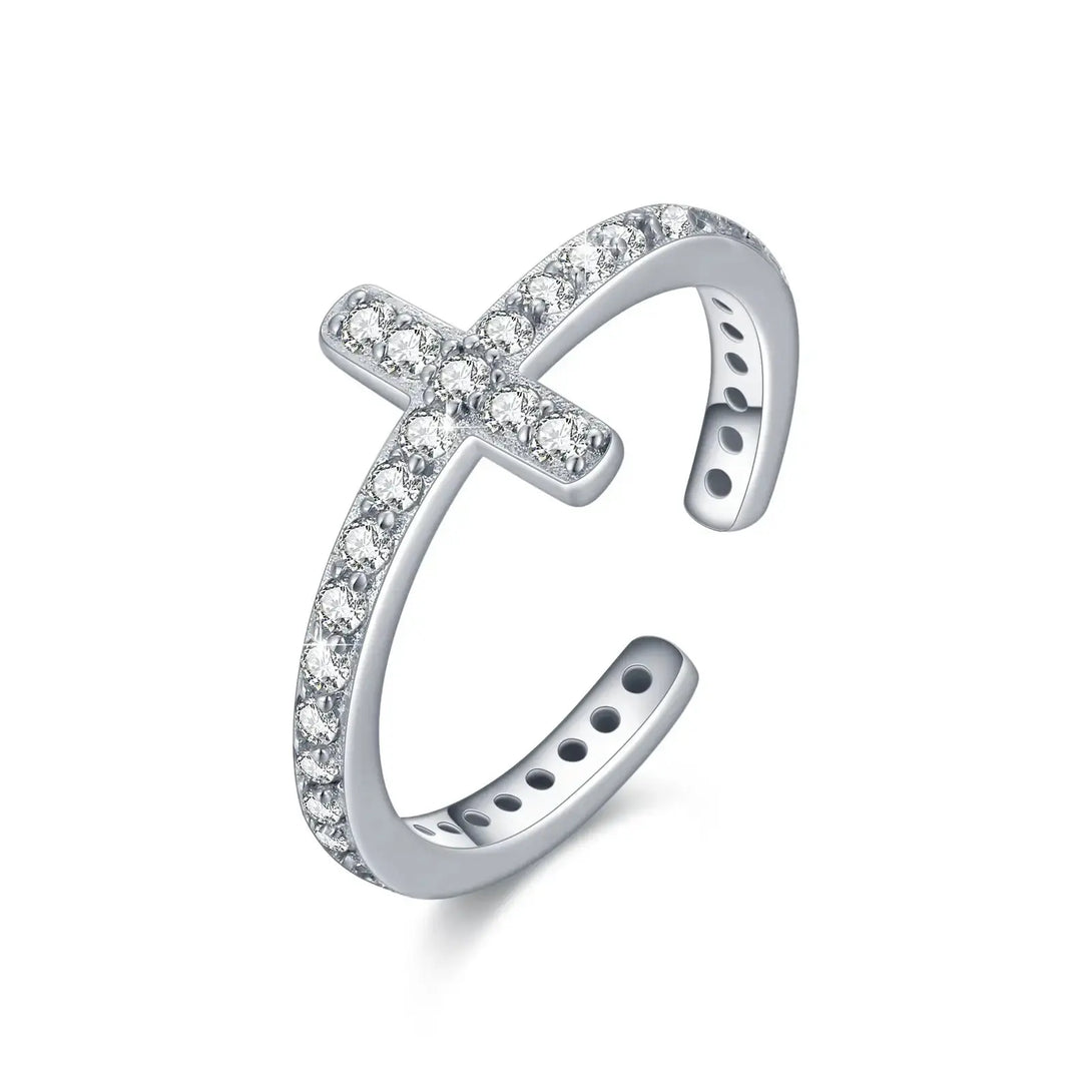 Lovcia Divine Brilliance Zirconia-Crusted Cross 925 Sterling Silver Ring-Rings-White-White