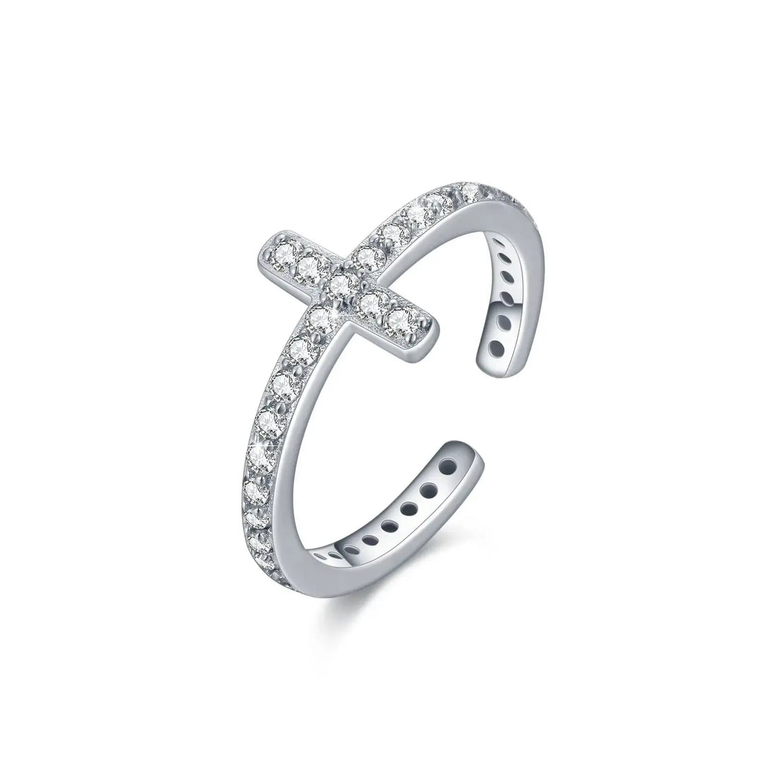 Lovcia Divine Brilliance Zirconia-Crusted Cross 925 Sterling Silver Ring-Rings-White-White