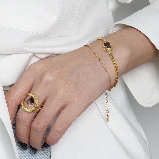 Lovcia Double Layer Gold Created Tourmaline Bracelet 165mm-Bracelets-Yellow Gold-Yellow Gold