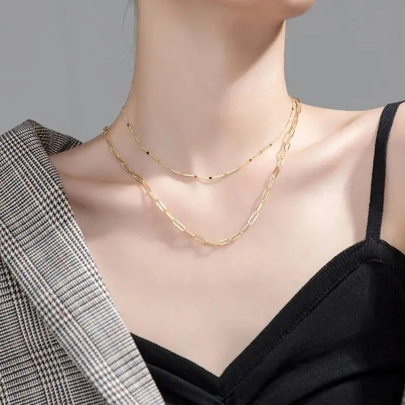 Lovcia Double Layer Hollow Chain 925 Sterling Silver Necklace-Necklaces-Yellow Gold-Yellow Gold
