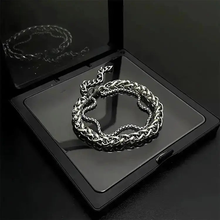 Lovcia Double Layer Rope Chain Stainless Steel Hipster Bracelet For Men and Women-Bracelets-Silver-Silver
