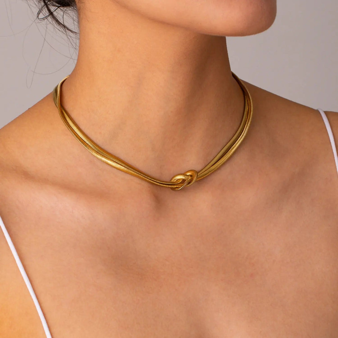Lovcia Double Layered Knot Herringbone Choker Necklace-Necklaces-Gold-One Size-Gold