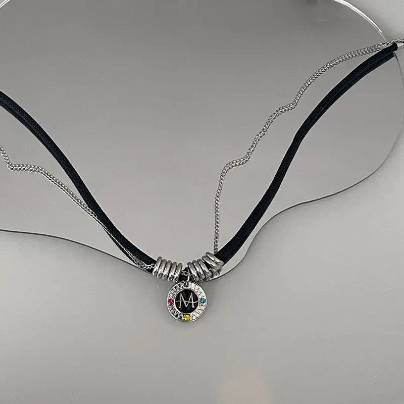 Lovcia Dual Cord & Chain Titanium Steel Letter Pendant Necklace for Women - Adorned with Vibrant Crystals-Necklaces-Colorful Crystals Necklace-Colorful Crystals Necklace