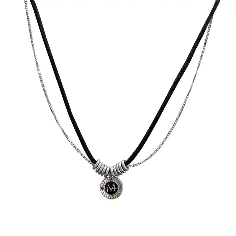 Lovcia Dual Cord & Chain Titanium Steel Letter Pendant Necklace for Women - Adorned with Vibrant Crystals-Necklaces-Colorful Crystals Necklace-Colorful Crystals Necklace