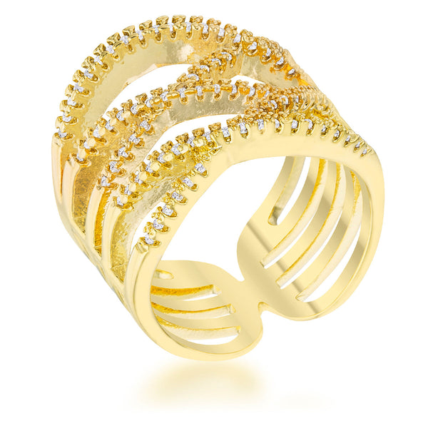 Lovcia Elegant 14k Gold Criss Cross CZ Cocktail Ring with Pave Setting-Rings-5-5