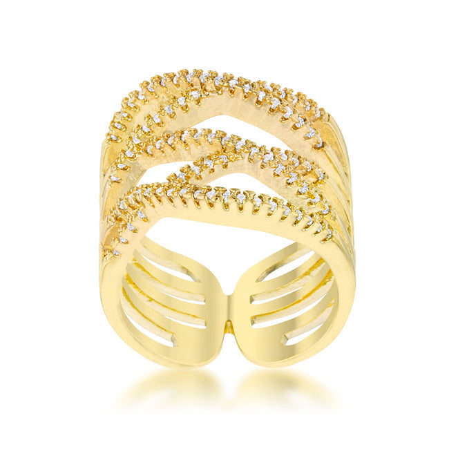 Lovcia Elegant 14k Gold Criss Cross CZ Cocktail Ring with Pave Setting-Rings-5-5