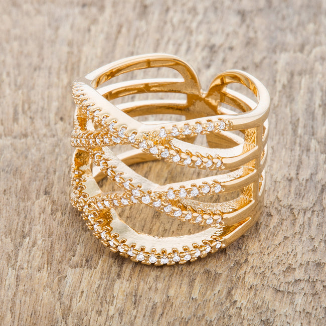 Lovcia Elegant 14k Gold Criss Cross CZ Cocktail Ring with Pave Setting-Rings-5-5