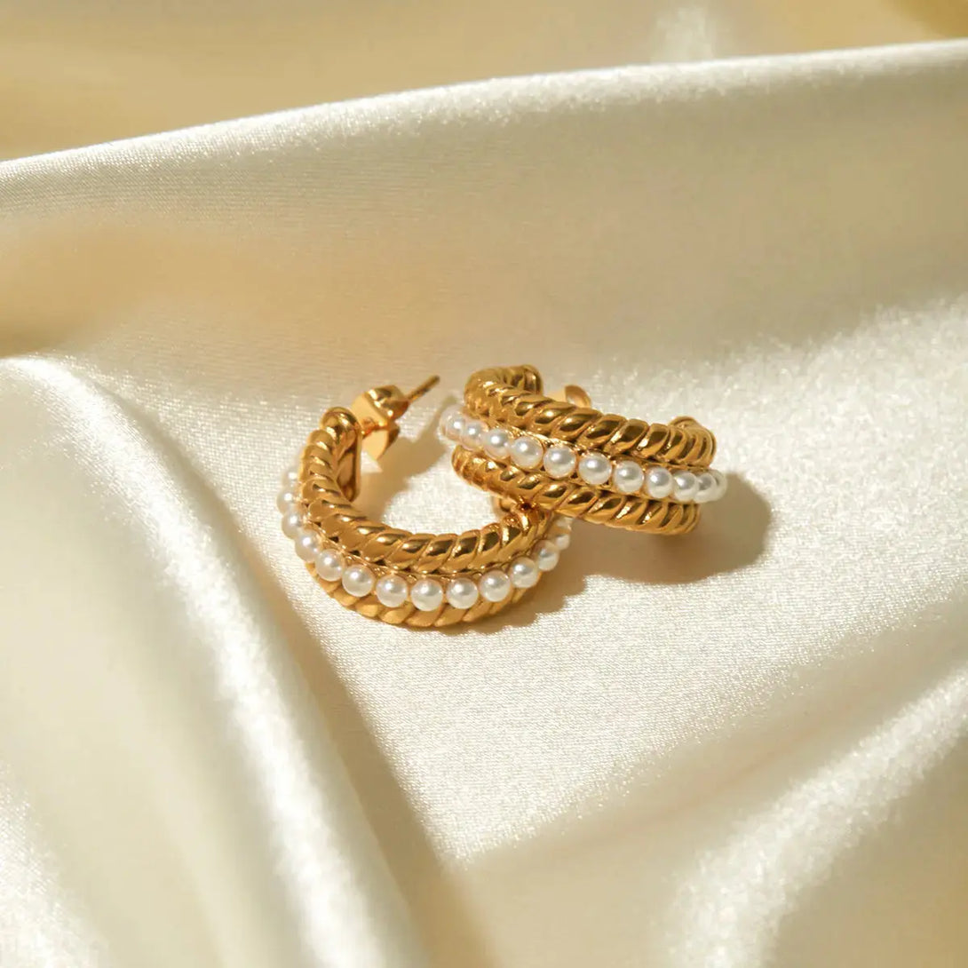 Lovcia Elegant 18K Gold-Plated Pearl C-Hoop Earrings for Women-Earrings-Gold-One Size-Gold