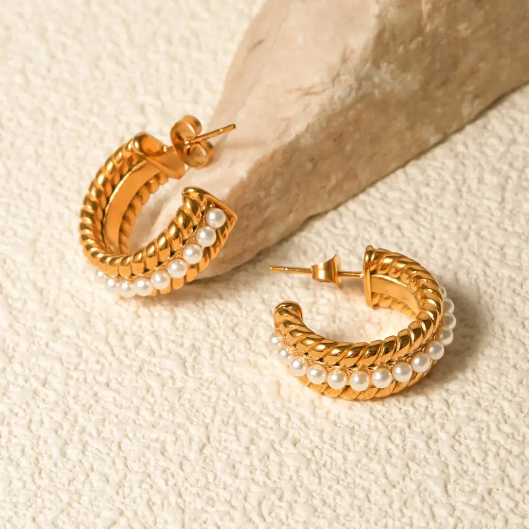 Lovcia Elegant 18K Gold-Plated Pearl C-Hoop Earrings for Women-Earrings-Gold-One Size-Gold