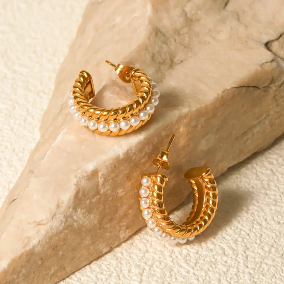 Lovcia Elegant 18K Gold-Plated Pearl C-Hoop Earrings for Women-Earrings-Gold-One Size-Gold
