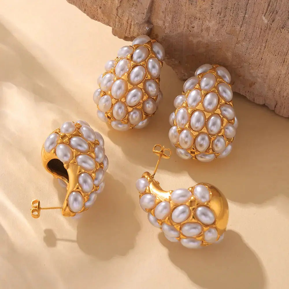 Lovcia Elegant 18K Gold-Plated Pearl-Inlaid Titanium Steel Earrings for Women-Earrings-Gold-One Size-Gold