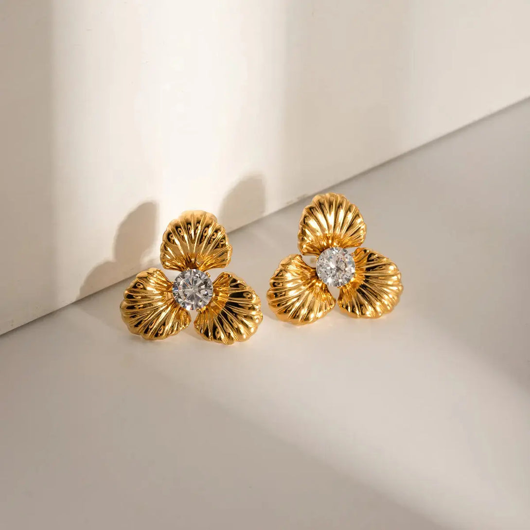 Lovcia Elegant 18K Gold-Plated Stainless Steel Zircon Flower Earrings for Women-Earrings-Gold-One Size-Gold