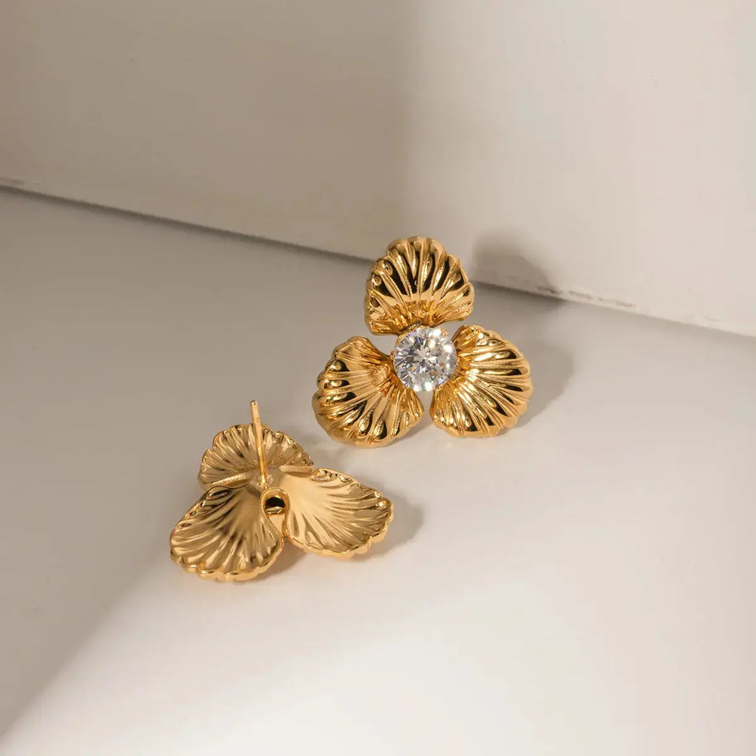 Lovcia Elegant 18K Gold-Plated Stainless Steel Zircon Flower Earrings for Women-Earrings-Gold-One Size-Gold