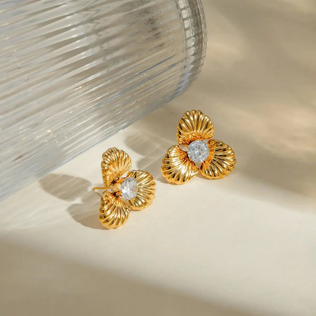 Lovcia Elegant 18K Gold-Plated Stainless Steel Zircon Flower Earrings for Women-Earrings-Gold-One Size-Gold