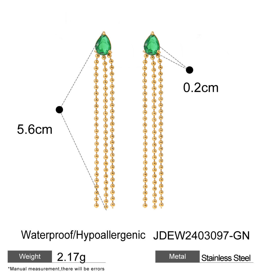 Lovcia Elegant 18K Gold Stainless Steel Geometric Tassel Stud Earrings with Crystal Zirconium-Earrings-JDEW2403097GN-JDEW2403097GN