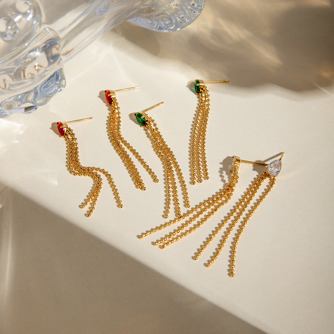 Lovcia Elegant 18K Gold Stainless Steel Geometric Tassel Stud Earrings with Crystal Zirconium-Earrings-JDEW2403097RD-JDEW2403097RD