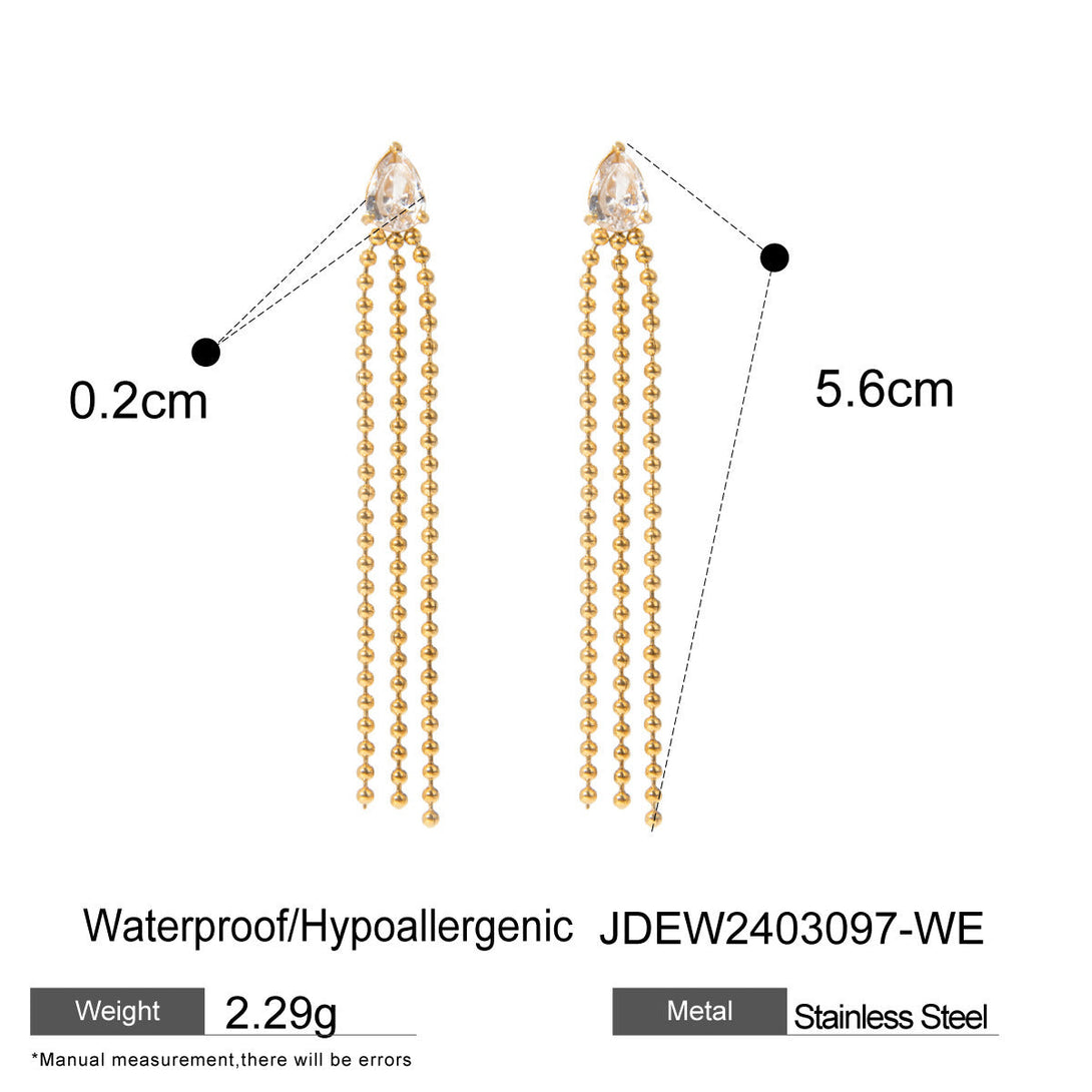 Lovcia Elegant 18K Gold Stainless Steel Geometric Tassel Stud Earrings with Crystal Zirconium-Earrings-JDEW2403097WE-JDEW2403097WE