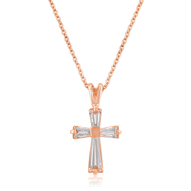 Lovcia Elegant 18k Rose Gold Baguette Cross Pendant with Cubic Zirconia-Pendants-