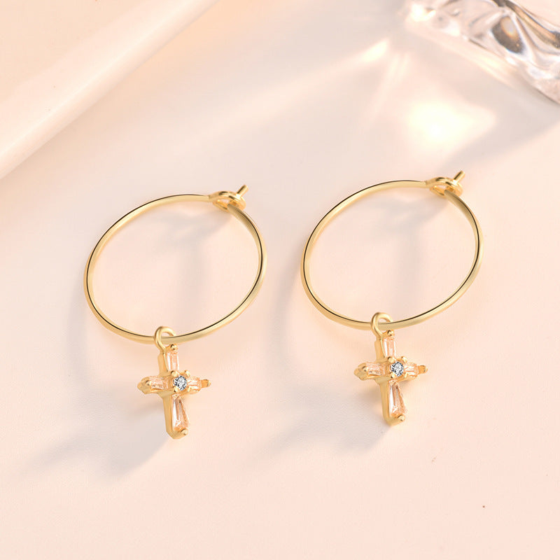 Lovcia Elegant 925 Sterling Silver Cross Circle Hoop Earrings for Women with AAA Cubic Zirconia-Earrings-Silver-Silver