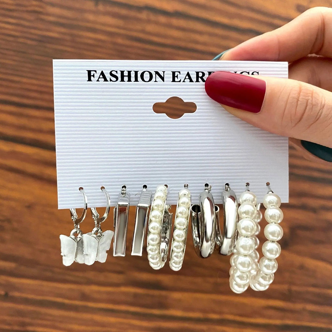 Lovcia Elegant Alloy Butterfly Hoop Earrings with Pearl Accents-Earrings-Silver-Silver