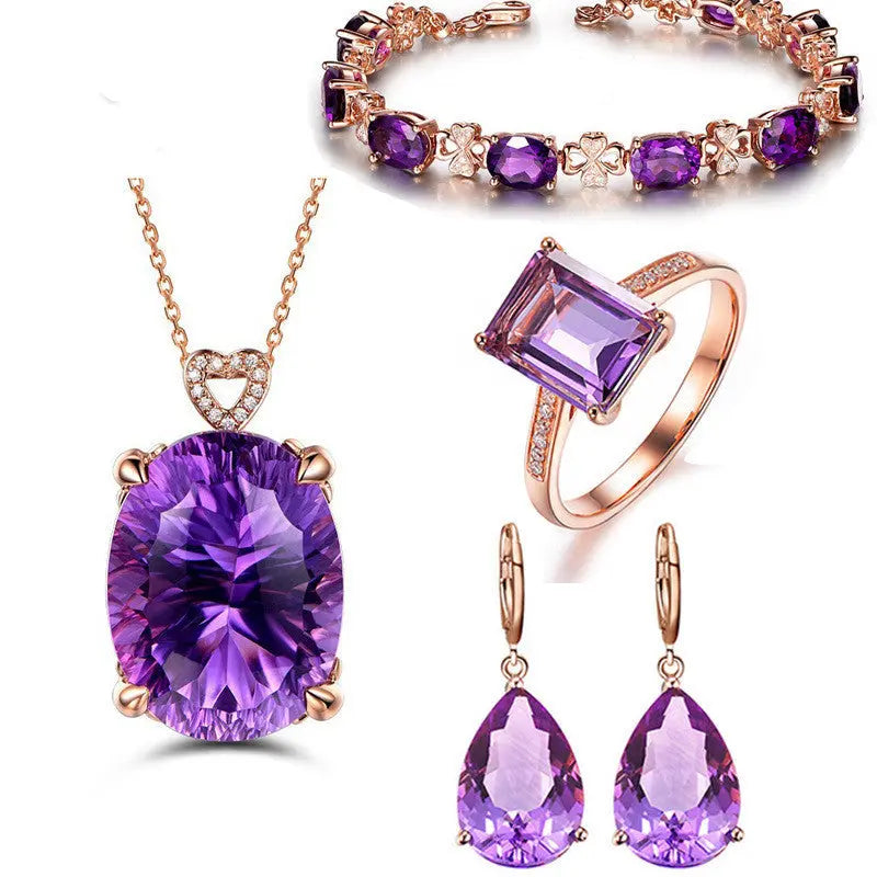 Lovcia Elegant Amethyst Jewellery Set with Ring, Bracelet, Earrings and Necklace-Earrings-Four piece suit-Four piece suit