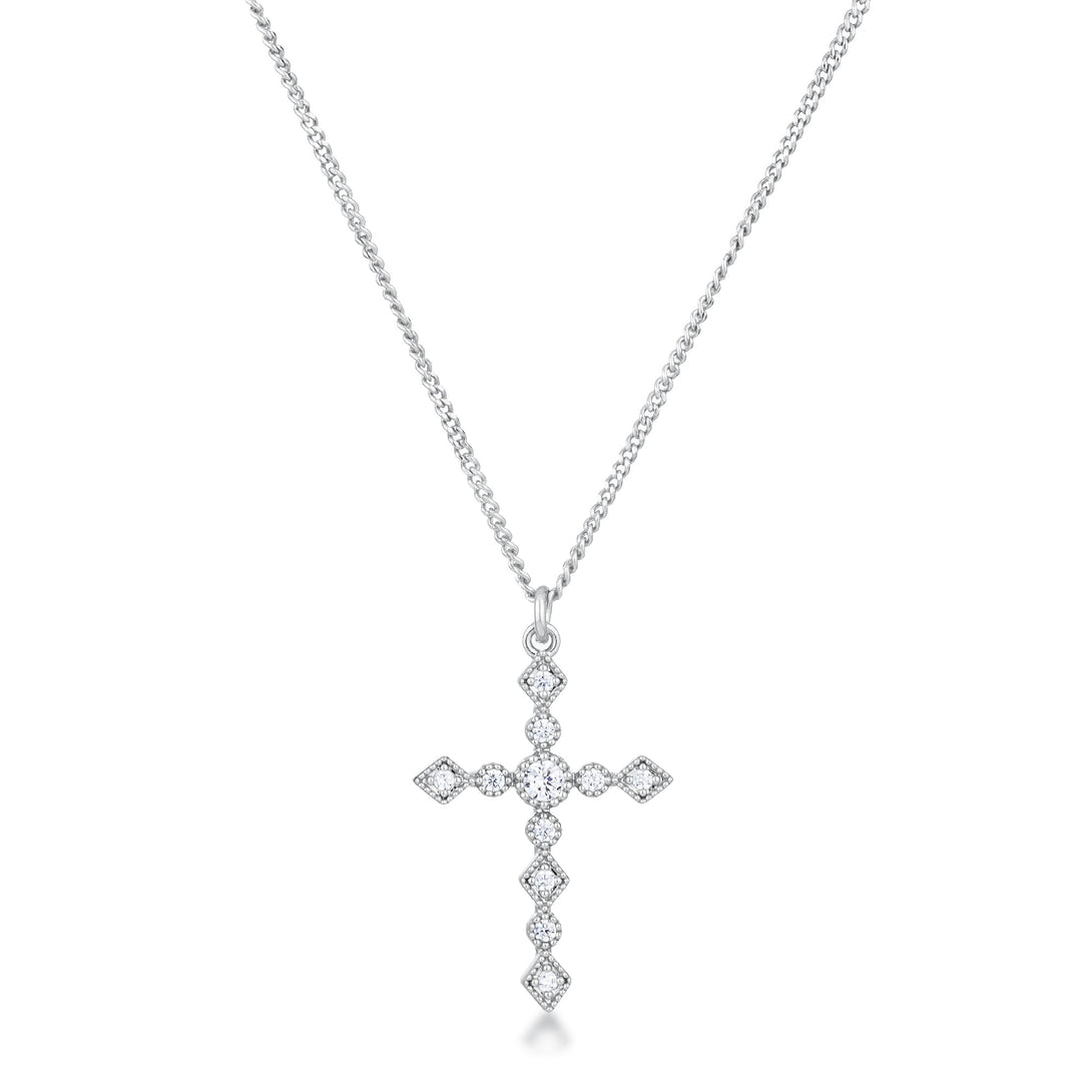 Lovcia Elegant Art Deco Silvertone CZ Cross Necklace-Pendants-