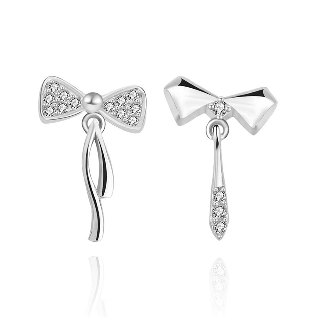 Lovcia Elegant Asymmetric Bowknot CZ 925 Sterling Silver Drop Earrings for Women-Earrings-Silver-Silver
