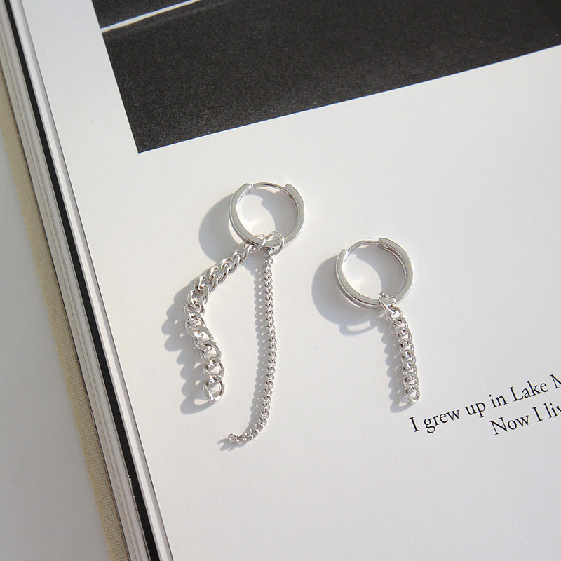 Lovcia Elegant Asymmetric Circle Chain Tassel 925 Sterling Silver Hoop Earrings for Women-Earrings-Rhodium-Rhodium