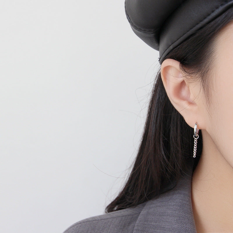 Lovcia Elegant Asymmetric Circle Chain Tassel 925 Sterling Silver Hoop Earrings for Women-Earrings-Rhodium-Rhodium