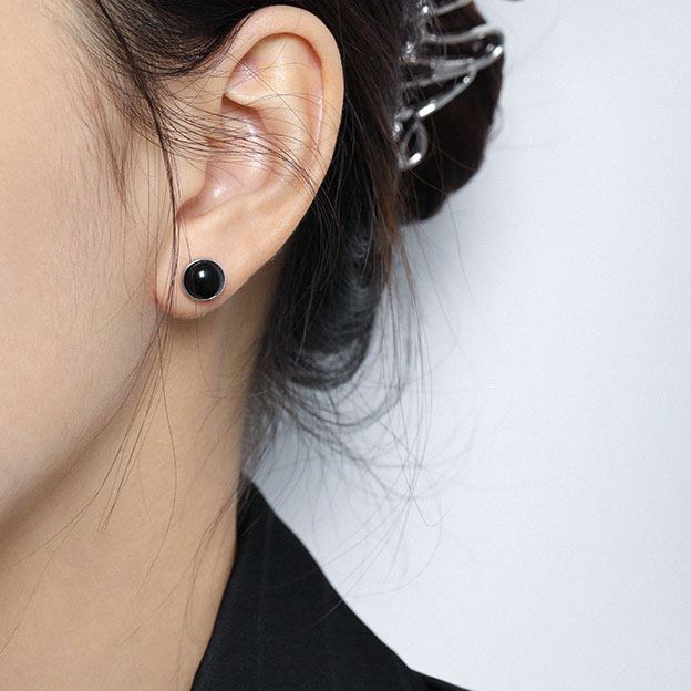 Lovcia Elegant Black Agate Round Studs for Women in 925 Sterling Silver-Earrings-6Mm-6Mm