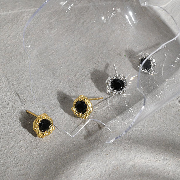Lovcia Elegant Black CZ Flower Bud 925 Sterling Silver Stud Earrings for Women-Earrings-Yellow Gold-Yellow Gold