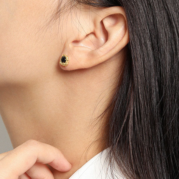 Lovcia Elegant Black CZ Flower Bud 925 Sterling Silver Stud Earrings for Women-Earrings-Yellow Gold-Yellow Gold