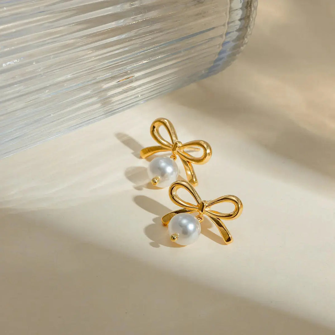 Lovcia Elegant Bow Pearl & Gold-Plated Stainless Steel Earrings for Women-Earrings-Gold-One Size-Gold