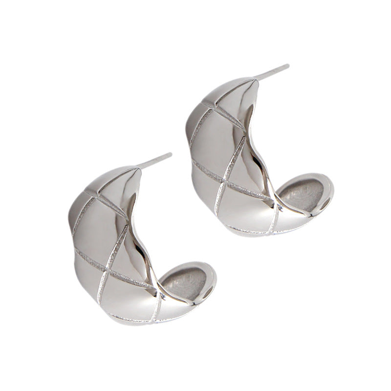Lovcia Elegant Check Pattern C-Shaped 925 Sterling Silver Stud Earrings for Women-Earrings-Rhodium-Rhodium
