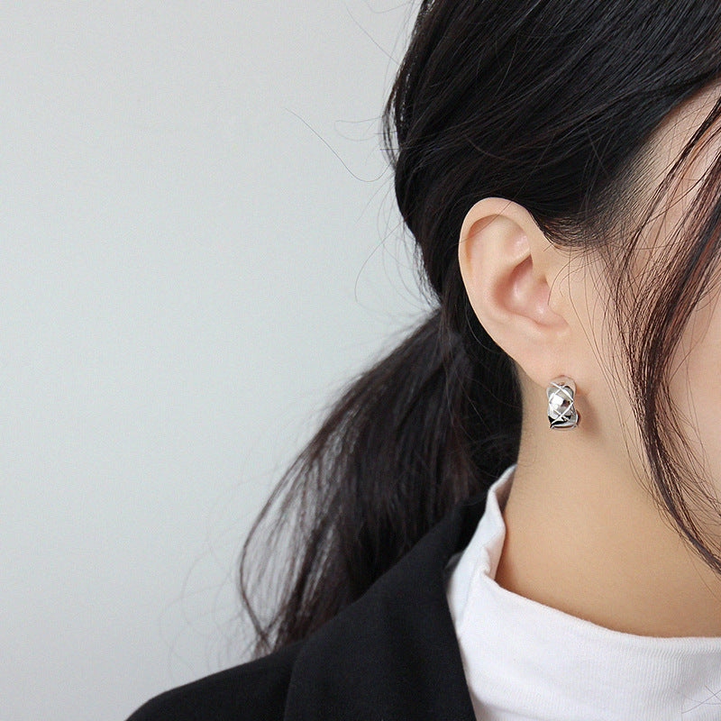 Lovcia Elegant Check Pattern C-Shaped 925 Sterling Silver Stud Earrings for Women-Earrings-Rhodium-Rhodium