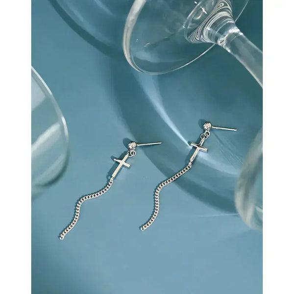 Lovcia Elegant Cross Curb Chain 925 Sterling Silver Dangling Earrings-Earrings-Rhodium-Rhodium