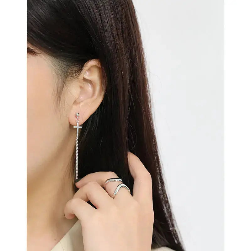Lovcia Elegant Cross Curb Chain 925 Sterling Silver Dangling Earrings-Earrings-Rhodium-Rhodium