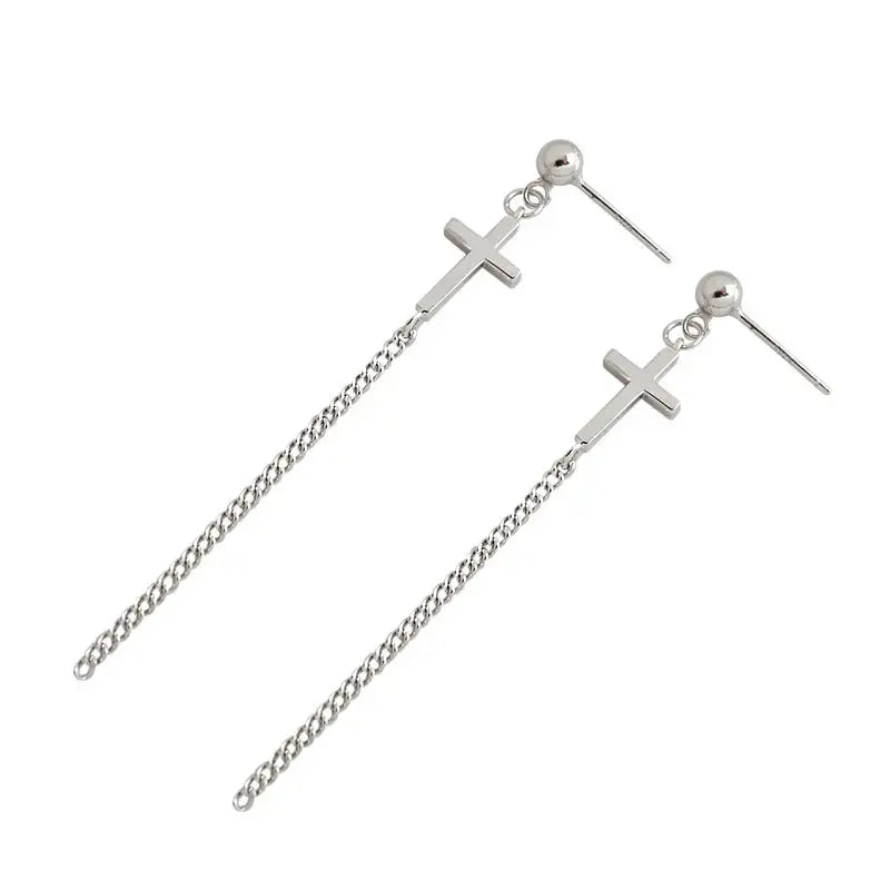 Lovcia Elegant Cross Curb Chain 925 Sterling Silver Dangling Earrings-Earrings-Rhodium-Rhodium